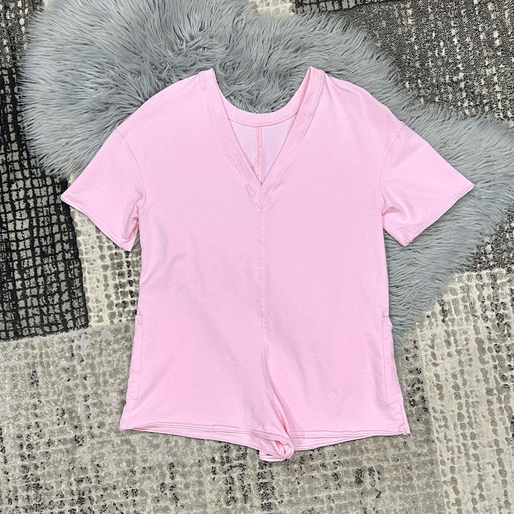 Womens Pink Romper Oversized Tee Casual Workout Athletic Beach One Piece Size Lg